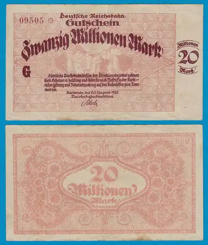 Reichsbahn Karlsruhe - 20 Millionen Mark Banknote 1923 VF   (19188