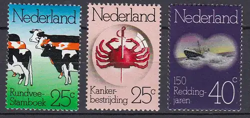 Niederlande - Netherland Mi. 1032-1034** Jahrestage Rindvieh Stammbuch 1974 