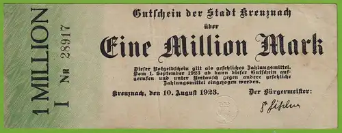 Kreuznach - 1-Million Mark 1923 Serie I Nr. 5-stellig kl.Pägestempel F/VF