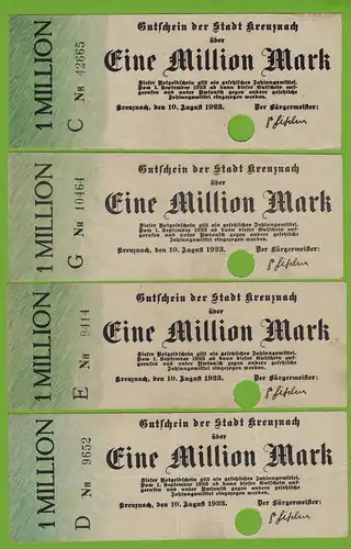 Kreuznach - Notgeld 1-Million Mark 4 Stück Serien C, D, E, G 1923 (19536