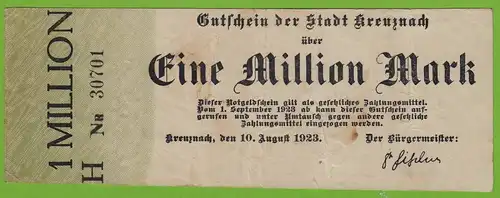 Kreuznach - 1-Million Mark 1923 Serie H Nr. 5-stellig kl.Pägestempel F/VF