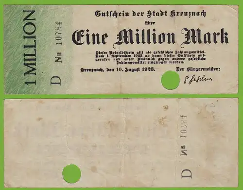 Kreuznach -  Notgeld 1-Million Mark 1923 Serie D Nr. 5-stellig F (19551