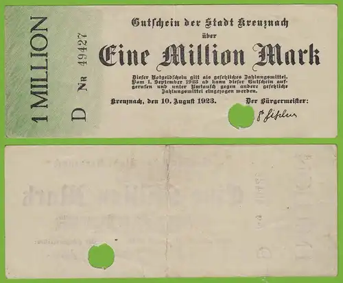 Kreuznach -  Notgeld 1-Million Mark 1923 Serie D Nr. 5-stellig F/VF (19553