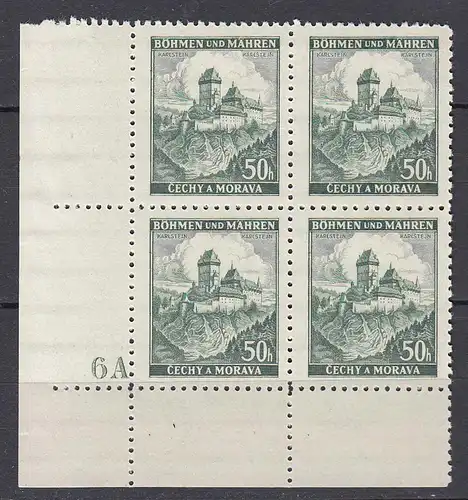 Böhmen & Mähren - Bohemia & Moravia Mi. 26 ER 4er Block Platte 6A  (19775