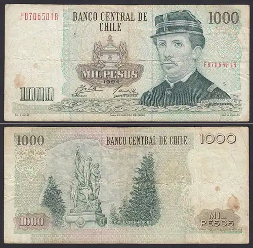 CHILE - 1000 Pesos Banknote 1994 Pick 154e F Prefix FB Block 5  (19698