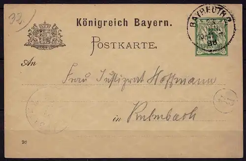 Bayreuth-Kulmbach Bayern 1898 Karte Distributions/Briefträgerstempel B4 (b783