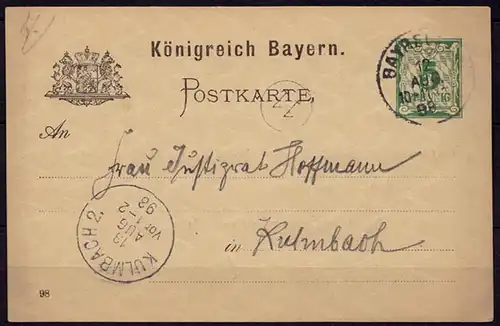 Bayreuth-Kulmbach Bayern 1898 Karte Distributions/Briefträgerstempel 11 (b781