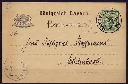 Bayreuth-Kulmbach Bayern 1898 Karte Distributions/Briefträgerstempel 6 (b780