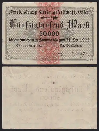 Krupp Essen 50 Tausend Mark Gutschein/Banknote 1923 VF  (19990