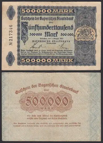 500000 500.000 Mark Gaperische BAYERISCHE Staatsbank 1923 VF- RAR (20135