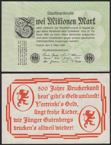 Kaarst - 2 Millionen Mark Stadtbanknote 1981 Stadtbankdirektorium :-)  XF