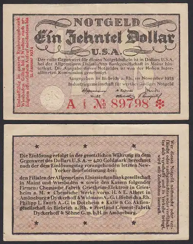 Biebrich 1/10 Dollar USA Banknote 1923 Wertbestaendiges Notgeld Starnote  (20410