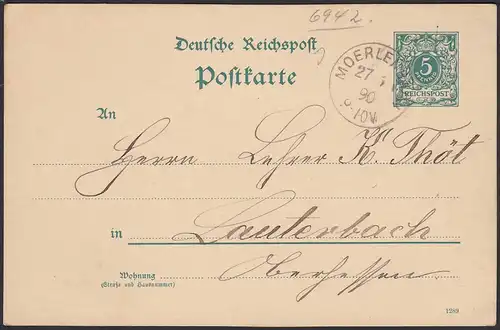 Moerlenbach Reichspost Ganzsache 1890 nach Lauterbach   (20453