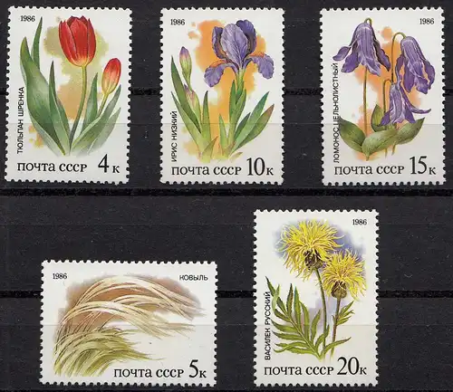 Russia - Soviet Union 1986 Mi.5573-77 Protected plants of the steppes, set