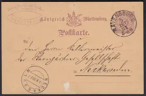 Württemberg - 5 Pfennig Ganzsachen-Karte Ravensburg nach Neckarsulm 1884 