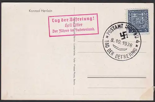 Germany - Sudetenland occupation Card Konrad Henlein special cancelled 1938 RAR