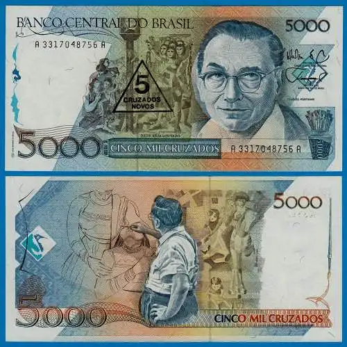 Brasilien - Brazil 5 Cruzados Novo Banknote Überdruck 1989 Pick 217a UNC  