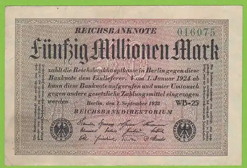 GERMANY - 50 Million Mark Reichsbanknote 1923 Pick 109b XF WM GD in Stars (19562