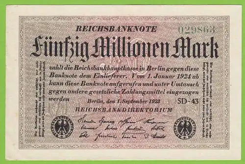 GERMANY - 50 Million Mark Reichsbanknote 1923 Pick 109109c XF WM sm.cirkles (19563