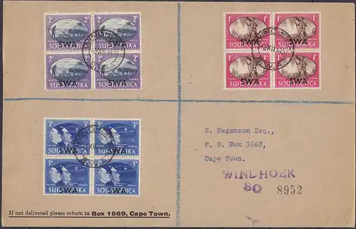 Südafrika - South Africa Brief m. 3 Stück 4er Blocks SWA Aufdruck 1945  (4642