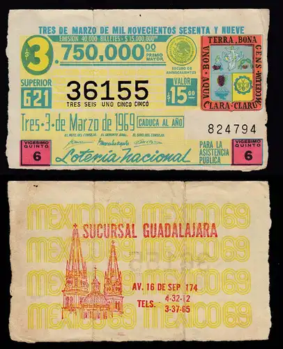 Guadalajara Mexico Tres 3.de Marzo de 1969 Lotterie Los 15 Pesos  (16453