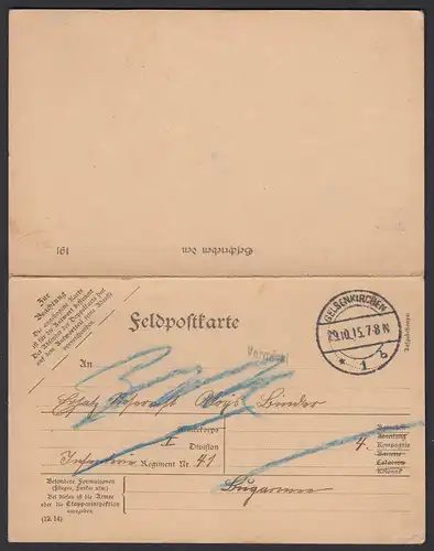 DR Feldpost-Karte mit Antwortkarte Doppelkarte 1915   (22152