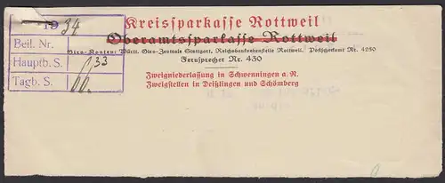 Oberamtskasse Rottweil Briefstück nach Dietingen 1935    (22231