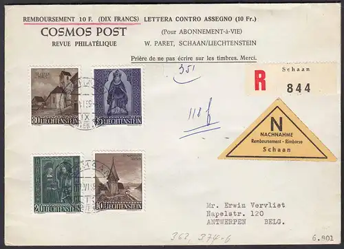 Liechtenstein 1959 R-NN-Brief Mi. 362,374-76 nach Antwerpen    (22741