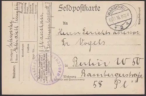 Feldpost 1. WK vom Festungslazarett WARSCHAU 1916 nach Berlin  (20575