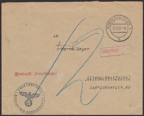 1937 3.Reich Staatsarchiv Thüringen Sondershausen Brief Nachgebühr  (20586