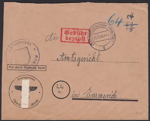 1946 Gerichtsbrief Oberhausen nach Emmerich Gebühr bezahlt  (20588