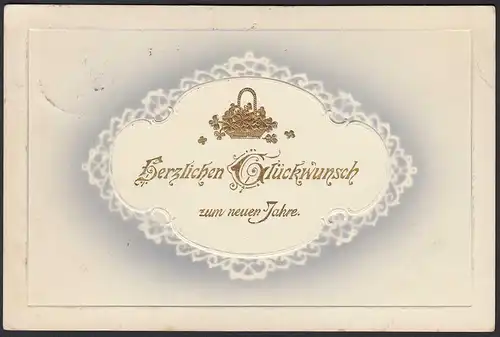 Ak Gold-Prägekarte zum Neuen Jahr mit Bahnpost 1913   (20899