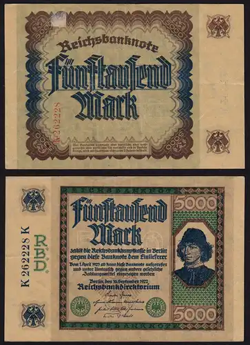 Reichsbanknote 5000 Mark 1922 Ros 76 VF (3) K262228K  (16041