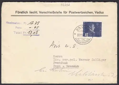 Liechtenstein NN-Brief Vaduz - Bern Einzelfrankatur Mi.261 von 1948    (22924