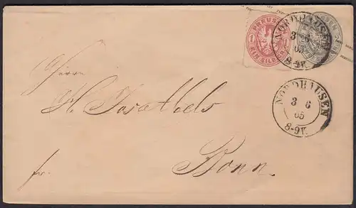 Preussen Ganzsache 2 Sgr. m.Zusatzfrankatur v.Nordhausen - Bonn 1865  (22964