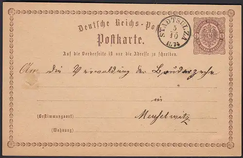 DR 1874 1/2 Gr. Ganzsache Th.+Th. Stempel STADTSULZA nach Meuselwitz  (23024