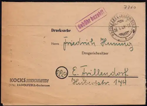 Drucksache Gebühr bezahlt Radolfzell 1948   (23051