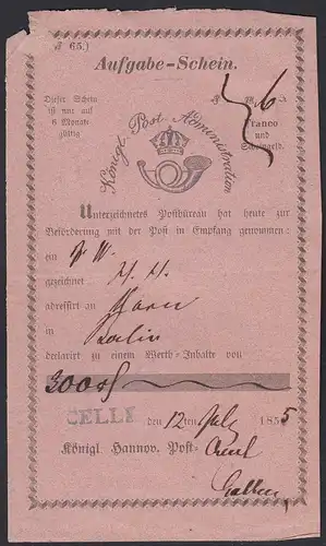 1855 Hannover Königliche Post Aufgabe-Schein L1 CELLE - BERLIN   (23077