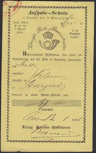 1865 Hannover Königliche Post Aufgabe-Schein handschr. CELLE - STARGARD  (23078