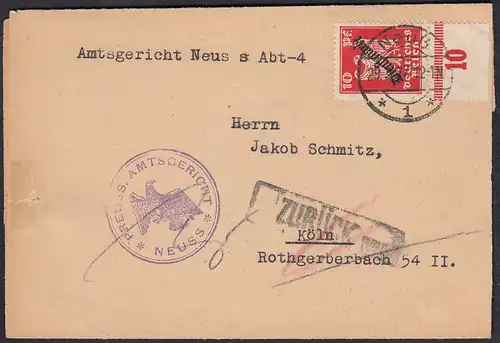 1927 Amtsgericht Neuss Dienstbrief nach Köln Retour    (23138