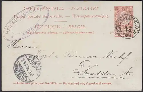 Belgien - Belgium 1896 Ganzsache Postal Stationery Anvers - Dresden   (22790