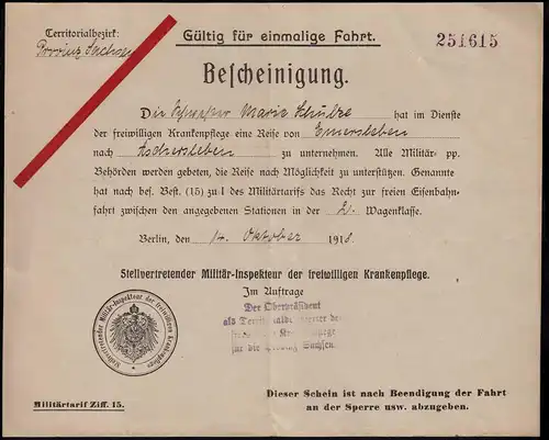 Territorialbezik Provinz Sachsen Fahrt-Bescheinigung Militär-Inspekteur 1918