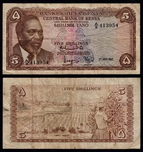 KENIA - KENYA 5 Shillings Banknote 1967 Pick 1b F- (4-)    (17526