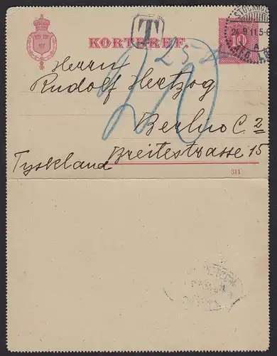 Schweden - Sweden 1911 KORTBREV m.Nach-Taxe Stockholm-Berlin  (17613