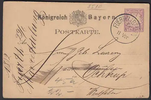 BAYERN 1882 5 Pfennig Ganzsache Fürth nach Ochtrup  (23432