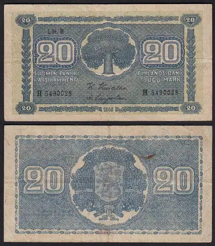 FINNLAND - FINLAND 20 MARKKA 1945 Litt. B PICK 78a VF (3) Serie H   (23653