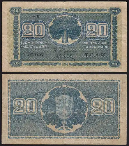 FINNLAND - FINLAND 20 MARKKA 1945 Litt. B PICK 78a VF (3) Serie T   (23656