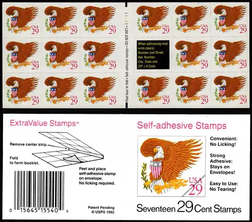 USA 1992 postfrisches  Heftchen Selbstklebend ADLER EAGLE   (23666