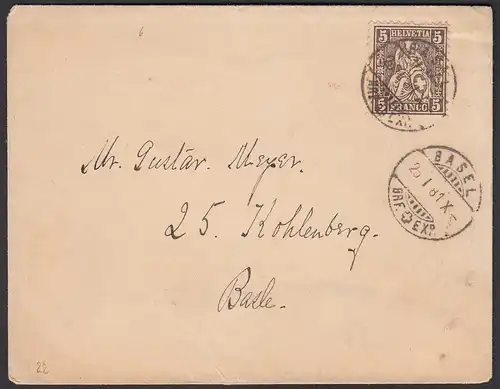 Schweiz 1881 Orts-Umschlag BASEL 5 R. Sitzende Helvetia (23690