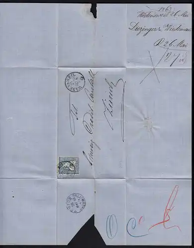 Schweiz 1863 Umschlag WÄDENSWEIL - ZÜRICH 10 R.Sitzende Helvetia (23691